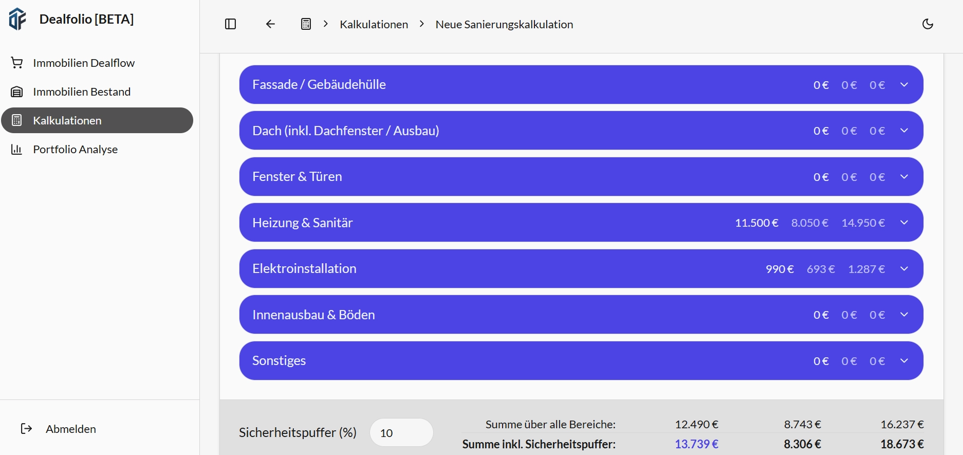 Dealfolio Sanierungsrechner – Sanierungskosten strukturiert schätzen mit Kategorien und Aufschlägen